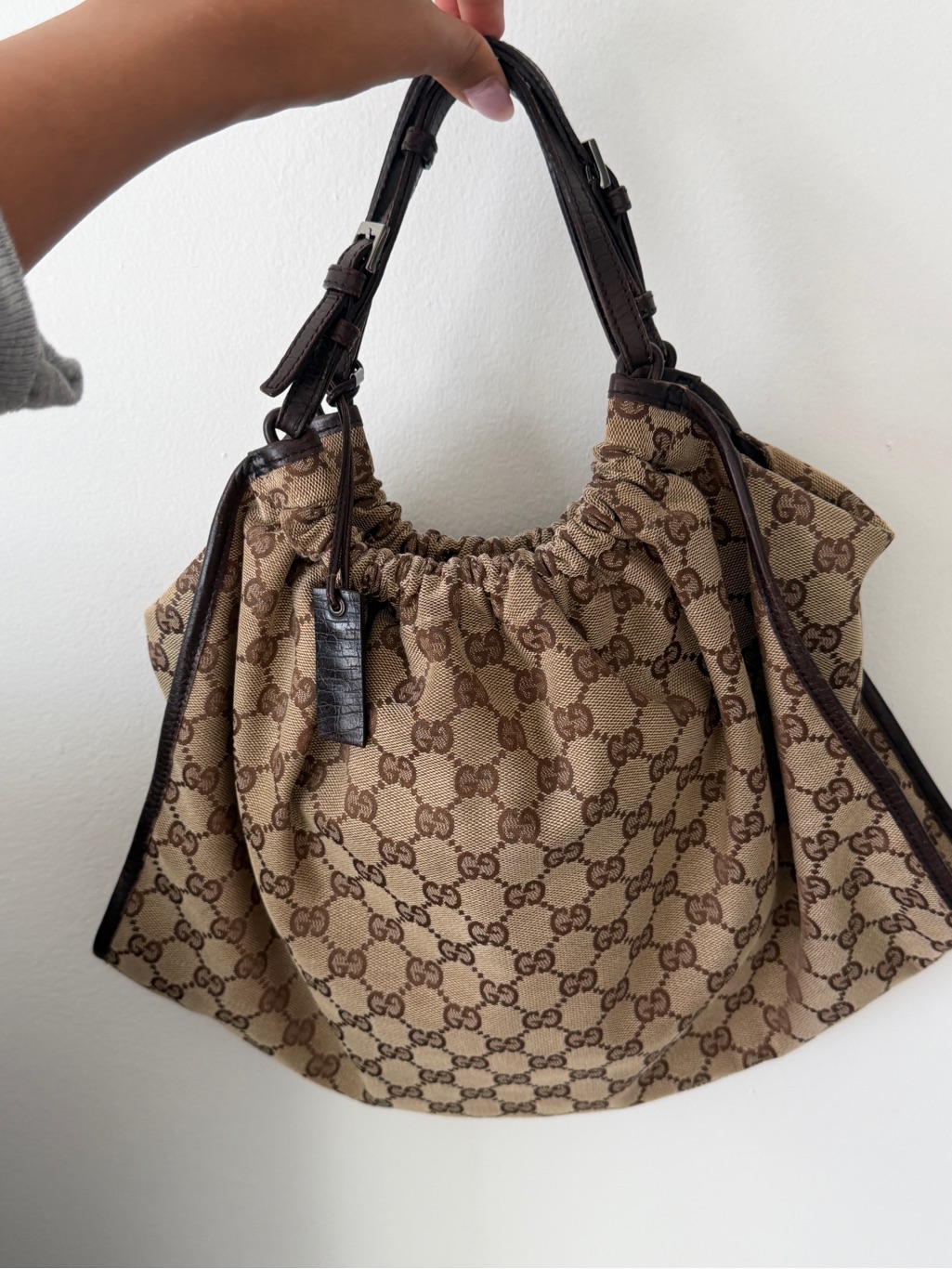 Gucci Beige And Brown Gg Canvas Leather Shoulder Bag Authentic With Charm